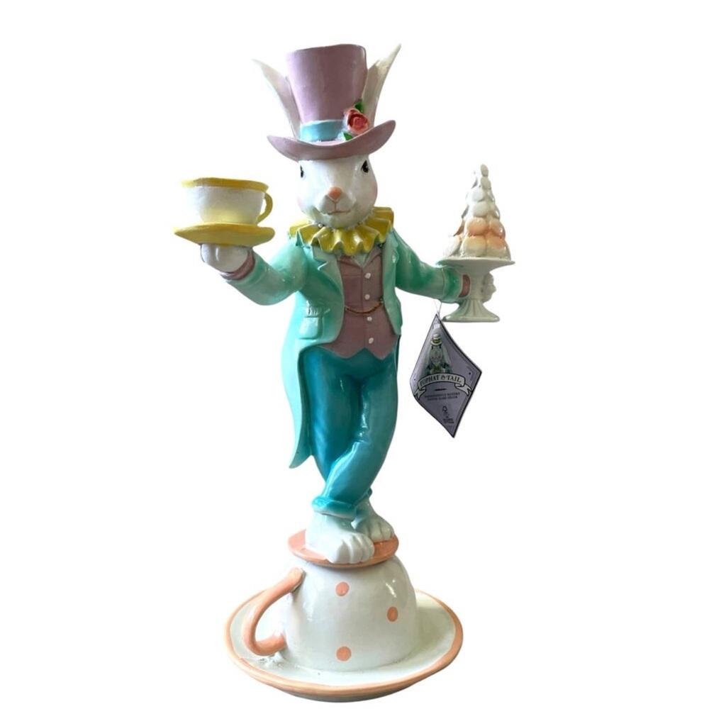 TOPHAT & TAIL Mad Hatter Easter Bunny Balancing Teacup 17" Pastel Macaroon New